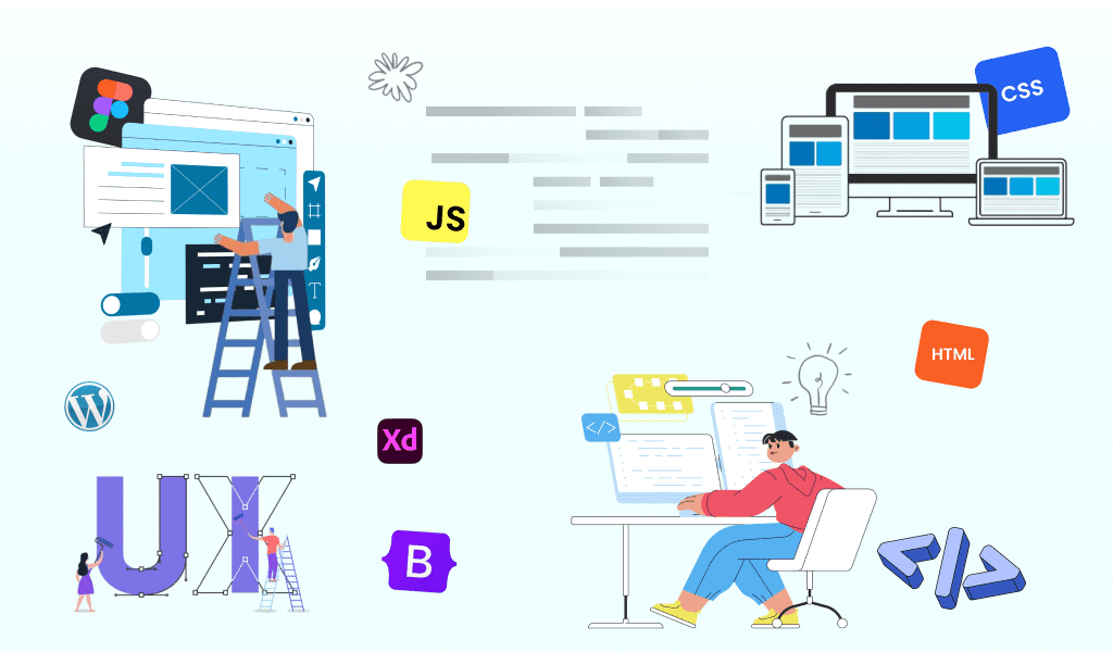 Illustration of a few characters working on different elements in Web Design & Development