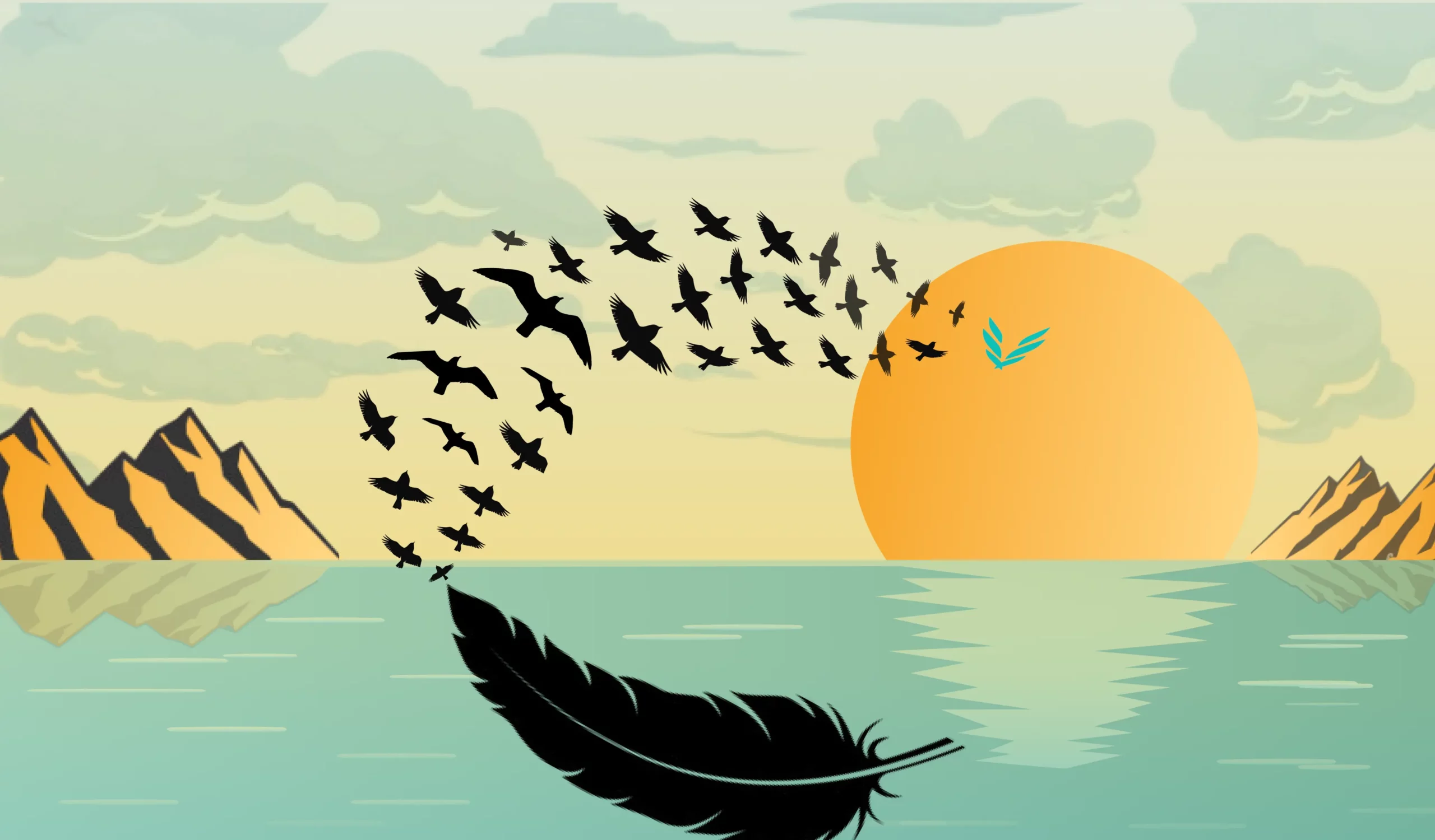 A feather turns into a flock of birds flying toward a setting sun, symbolizing freedom from burdens and pursuit for new horizons.