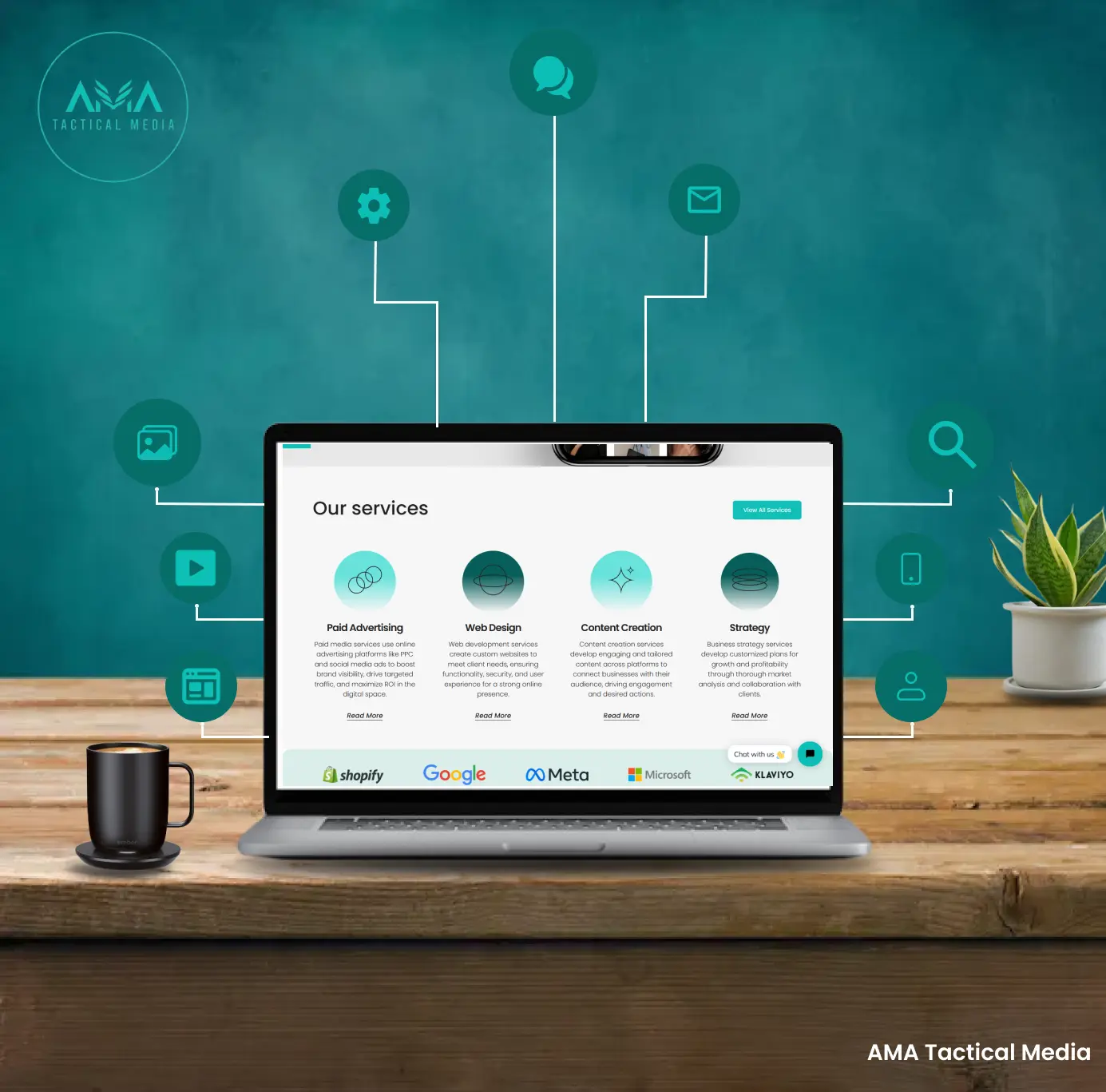 Illustration showing a laptop on a wooden desk, displaying AMA Tactical Media's services, with various digital marketing icons connected around it, representing different online tools and strategies.