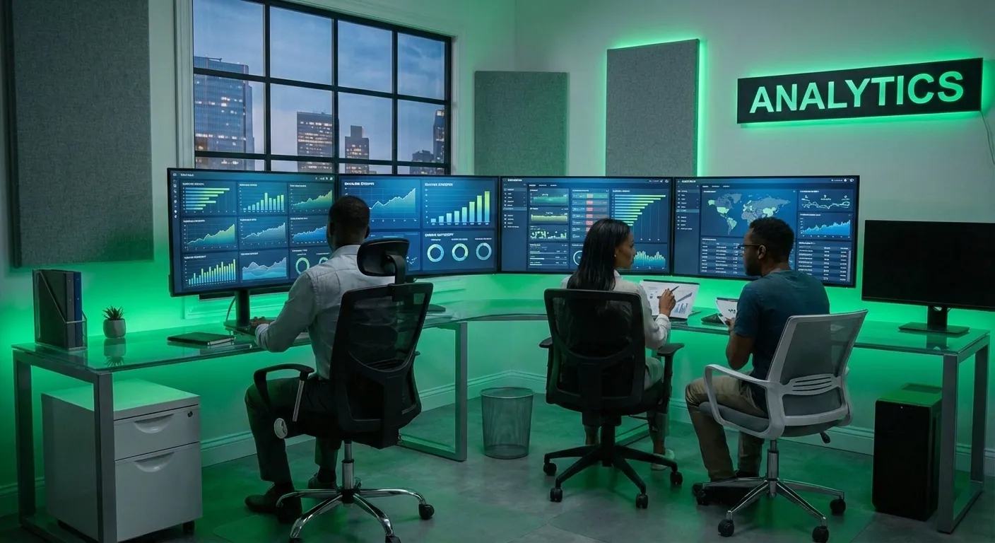 Digital marketing professional analyzing backlink profile data on multiple screens in modern office setting