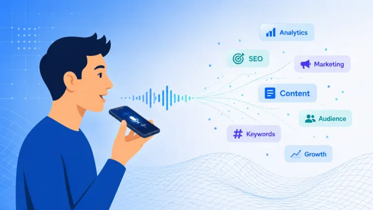 Person speaks into a smartphone as sound waves connect to floating labels: Analytics, SEO, Marketing, Content, Audience, Keywords, Growth (digital marketing concept)