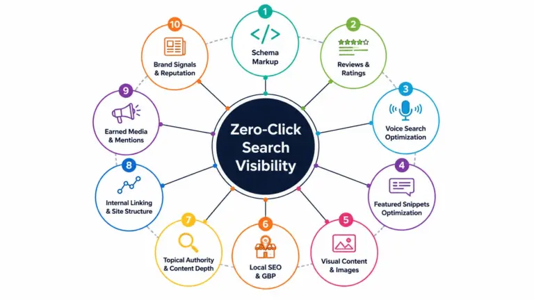 Circular hub diagram titled 'Zero-Click Search Visibility' with 10 surrounding components: Schema Markup, Reviews & Ratings, Voice Search Optimization, Featured Snippets Optimization, Visual Content & Images, Local SEO & GBP, Topical Authority & Content Depth, Internal Linking & Site Structure, Earned Media & Mentions, Brand Signals & Reputation.